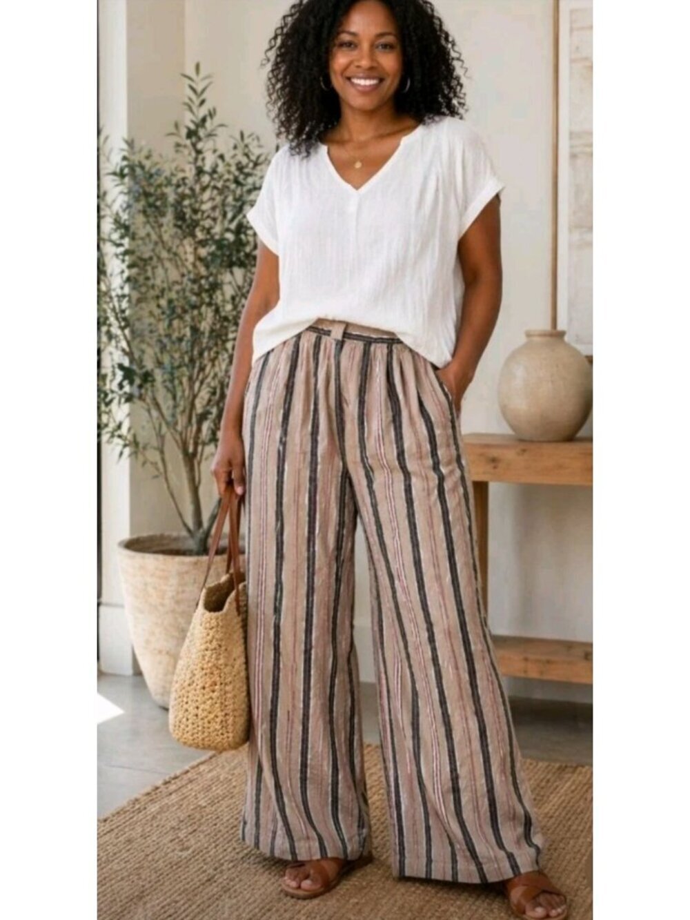 Worthington Womens Linen Blend Pants Wide Leg Casual Striped Pleated 16P Tan Blk